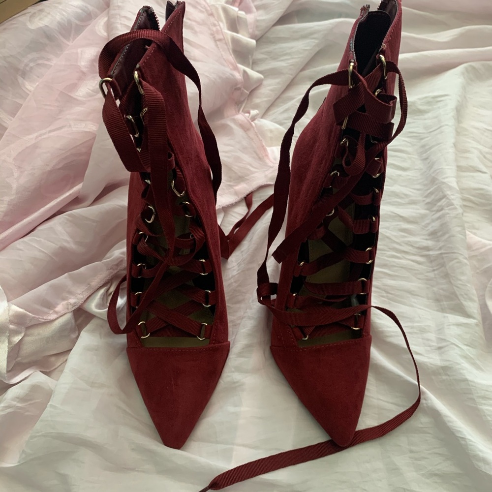 Charlotte Russe dark red suede lace up heels